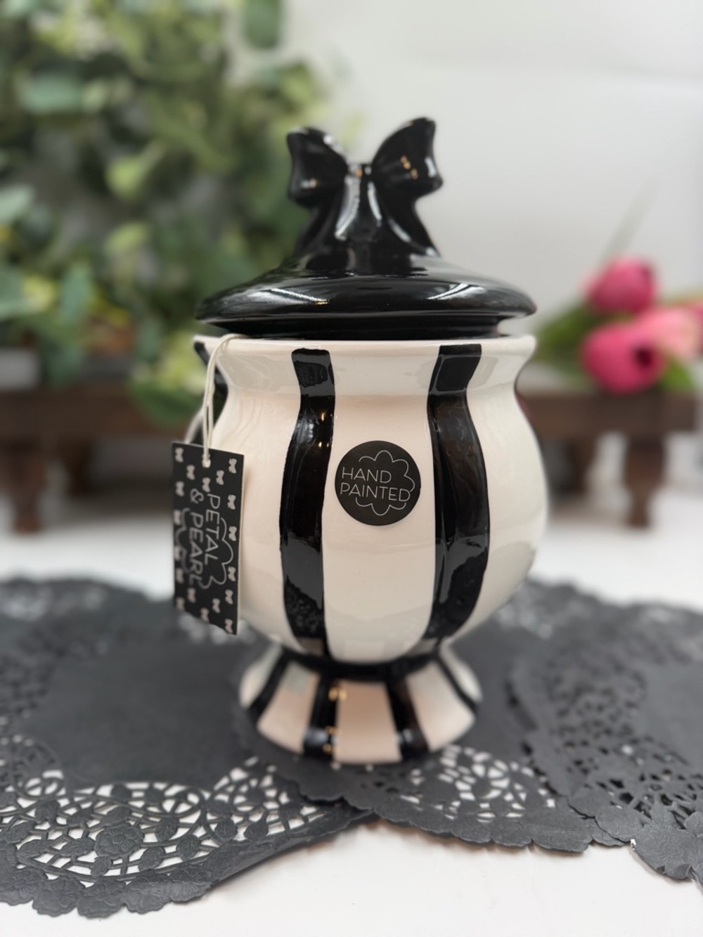 Petal & Pearl Black White Striped Ceramic Canister Bow Lid Hand Painted Decorati